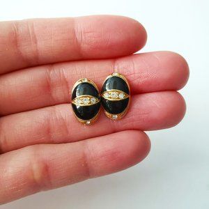 VTG Delicate Oval Black Gold Crystal Stud Earrings